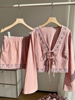 💗Hello Gorgeous! COTTON Embroidered Tie-Front Top and Pants Set- Pink